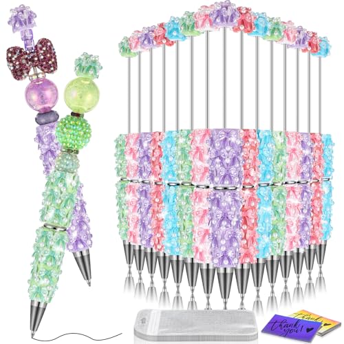 Tondiamo 45 Pcs Full Rhinestone Beadable Pens Bulk Set 15 Glitter Diamond Pens with Cards & Bags Fancy Beaded Pen for Beads DIY Cute Journalling Bling Ballpoint Craft Making(Bow Diamonds) - style: Bow Diamonds