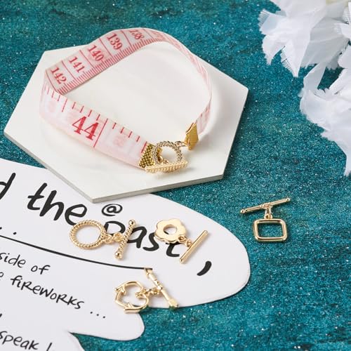 32 Pcs Gold Toggle Clasps Brass OT Toggle Jewelry Clasps Heart & Flower & Round Ring T-Bar Closure Clasp Fastener IQ End Connectors for DIY Necklace Bracelet Jewelry Making - color: Golden-Mix Styles