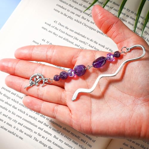 Vintage Metal Angel Bookmark Pendant with Natural Crystal Bead Chain–Elegant Fairy Bookmarks for Women,Men,Book Lovers,Teachers and Students(Amethyst) - style: Angel