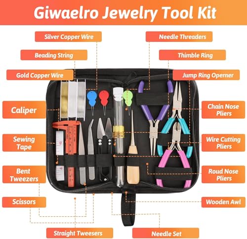 Giwaelro Jewelry Repair Kit for Adults, Jewelry Making Supplies with Pliers, Wires, Findings, Necklace Chains, Magnifier and Storage Bag