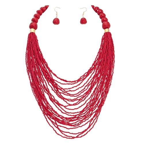Bocar Necklace for Women, Multi Layer Statement Necklace, Long Chain Chunky Bib Seed Beads Necklace, Necklace Earring Set for Women Gift (NK-10693) - color: Red-set