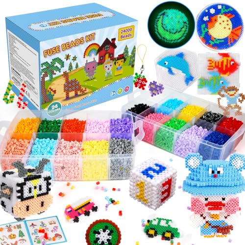 Meland Fuse Beads - 24000pcs Fuse Beads Kit for Kids, 24 Color 5MM Iron Beads Set with 4 Fluorescence Color, 6 Pegboards - Craft Kits Gifts for Birthday Christmas - size: 24000 Pcs Without Iron