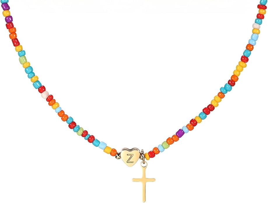 Colorful Initial Cross Necklace for Girls Women Kids - Teen Girls Gifts Trendy Stuff Beaded Letter Cross Choker Necklace for Girls Gifts Jewelry