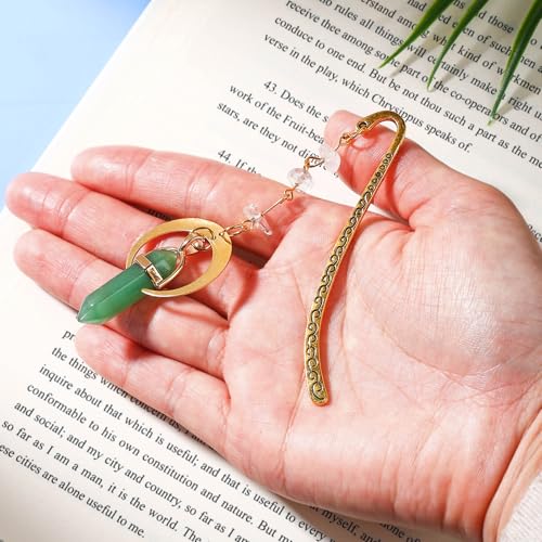 Vintage Metal Bookmark Pendant with Natural Crystal Stones Green Aventurine Bead Chain–Elegant Moon Bookmarks for Women,Men,Book Lovers,Teachers and Girls(Green Jade) - style: Green Jade