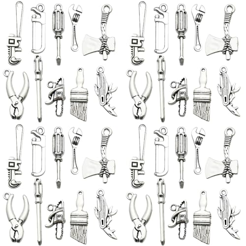 Sailanzi 60pcs Ancient Silver Tool Series Wrench, Screwdriver, Hammer Jewelry Making DIY Keychain Earrings Pendant Various Design Charms for Jewelry Making Bracelets Necklace(SN604) - color: SN604