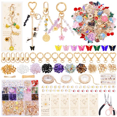 TOHONGADON 907 Pcs Lip Gloss Charms, Keychain Making Kit, Bag Charm Kit with 5 Kinds of Crystal Stones, 343 Charms, 24 Keychain Clips, Key Ring Jewelry Plier, Extender Chain for DIY Crafting - color: 907 Pcs Keychain