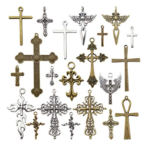 Youdiyla 100g Big Cross Pendants Collection - Antique Bronze Silver Sword Holy Angel Jesus Peace Cross Crucifix Metal Charms for Jewelry Making DIY Findings (HM23)