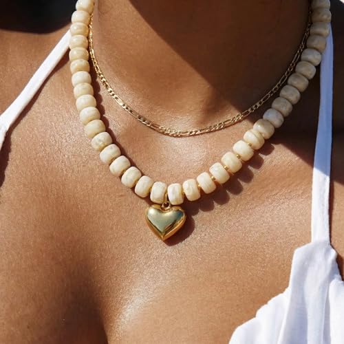 Chunky Heart Necklace for Women, Colorful Acrylic Beaded Statement Puff Heart Necklace, Cute Boho Y2K Choker Necklace for Gift Jewelry - color: Beige