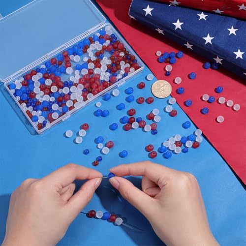 PH PandaHall 360pcs Frosted Glass Beads, 6mm 8mm Matte Round Crystal Beads 3 Colors Red White Blue Patriotic Bead for 4th of July Independence Day Necklace Bracelet Earrings Jewelry Making DIY Crafts