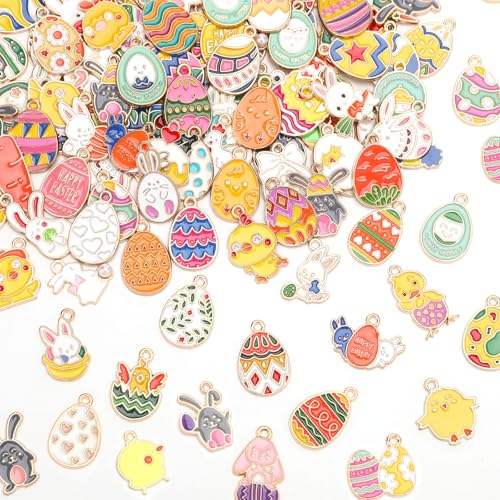 MARFOREVER 120 PCS Easter Charms for Jewelry Making, Assorted Gold Enamel Easter Bunny Egg Rabbit Charms Pendants Easter Spring Charm Bulk for DIY Bracelet Necklace Earrings Making Supplies - style: Easter