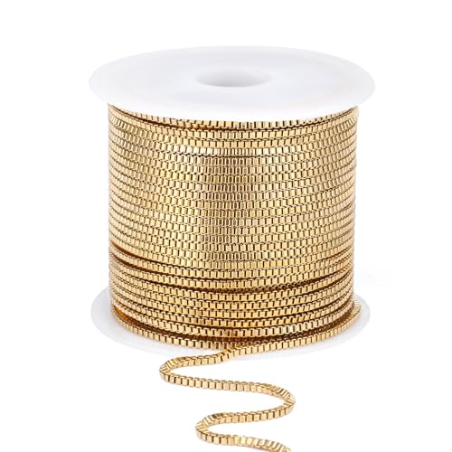33FT 18K Gold PVD Plated Box Chains Roll, 1mm Gold Stainless Steel Box Chain Spool Bulk for DIY Jewelry Making Necklace Bracelet - color: gold, size: 1mm