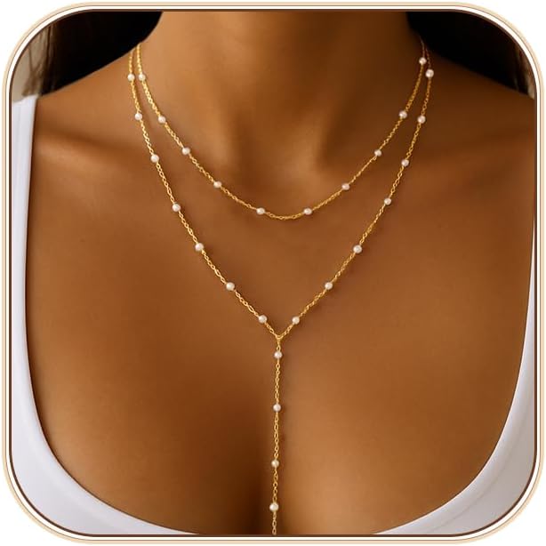 Lariat Gold Necklace for Women Dainty Long Necklace 14k Gold Plated/Silver Y-Shaped Pendant Drop Chain Trendy Layered Pearl/Beaded/CZ Necklaces Simple Gold Jewelry For Women Gift