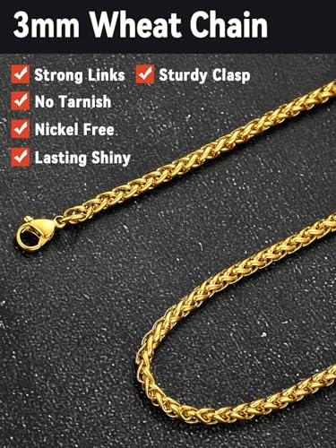 FaithHeart Stainless Steel Chains for Men, Silver/Black/14K Gold Plated Snake/Wheat/Box/Rope/Rolo Chain Necklace 16-30 Inches with Delicate Gift Box - color: 02. Spiga Chain-Gold, size: Length 24 Inches