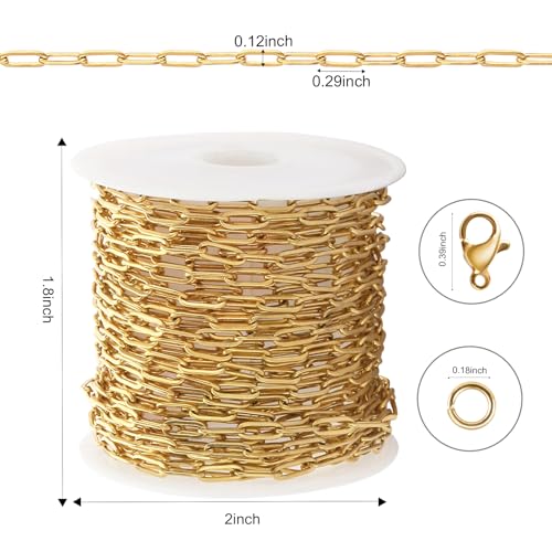 Kyutong 5M Gold PVD Plated Necklace Chain for Jewelry Making 304 Stainless Steel Paperclip Chain Roll with Lobster Clasps and Jump Rings for Men Women Making Jewelry Craft Support Jewelry Findings - color: 3mm Paperclip Gold