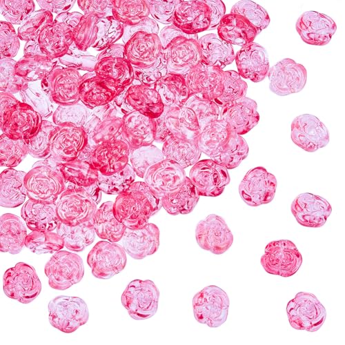 1 Box 100Pcs Pink Rose Beads Glass Flower Bead Transparent Czech Carved Flowers Floral Crystal Glitter Loose Spacer Beads for Bracelet Necklace Jewelry Making DIY Craft Decors Accessories