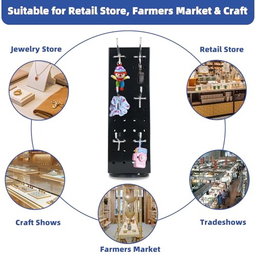 Rotating Pegboard Stand with 20 Peg Hooks 4-Sided Pegboard Spinning Display Stand 4 x 4 x 12 Inches, Keychain Display Stand for Retail Display, Earring Display (Black) - color: Black