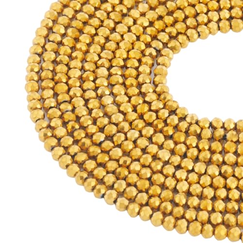 FASHEWELRY 10 Strands 3mm Golden Plated Glass Beads Rondelle Crystal Glass Spacer Beads Faceted Briolette Bead for DIY Necklace Bracelet Jewelry Making Gift - color: Golden Plated, size: 3mm