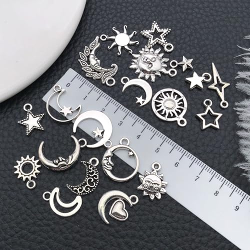 WOCRAFT 60pcs Antique Silver Sun Moon Star Bracelet Charms for Jewelry Making Sets DIY Necklace Bracelet Keychain Crafting Charms Kit Craft Supplies (SN833) - color: Antique Silver, size: Sun Moon Star Charms