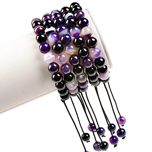 MASSIVE BEADS Natural Healing Power Gemstone Crystal Beads Unisex Adjustable Macrame Bracelets - color: Agate Purple, size: 8mm