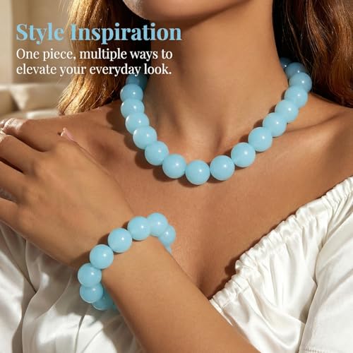 Colorful Chunky Beaded Necklace for Women Acrylic Bead Choker Necklaces Fashion Large Round Beads Necklaces for Women Handmade Summer Jewelry - color: Blue bracelet + necklace