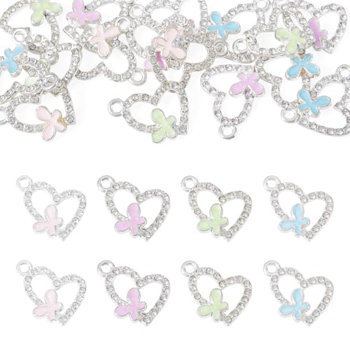 FASHEWELRY 16Pcs Alloy Rhinestone Pendants Heart with Butterfly Enamel Charms Crystal Hollow Heart Rhinestone Dangle Pendants Silver for DIY Earring Necklace Jewelry Making - color: Heart with Butterfly-Silver