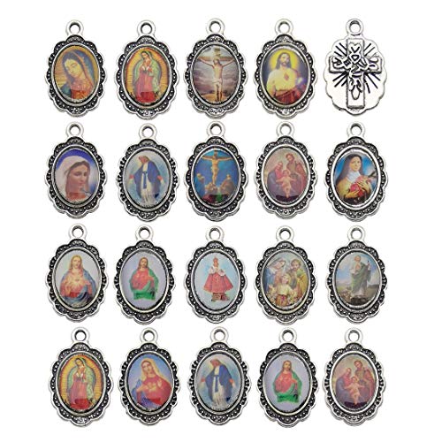 50pcs Antique Silver Picture Jesus Enamel Our Lady Miraculous Medal Floral Rosary Centerpiece Alloy Crucifix Cross Mother's Day Pendants Charms for Jewelry Making (M218) - color: M218-50