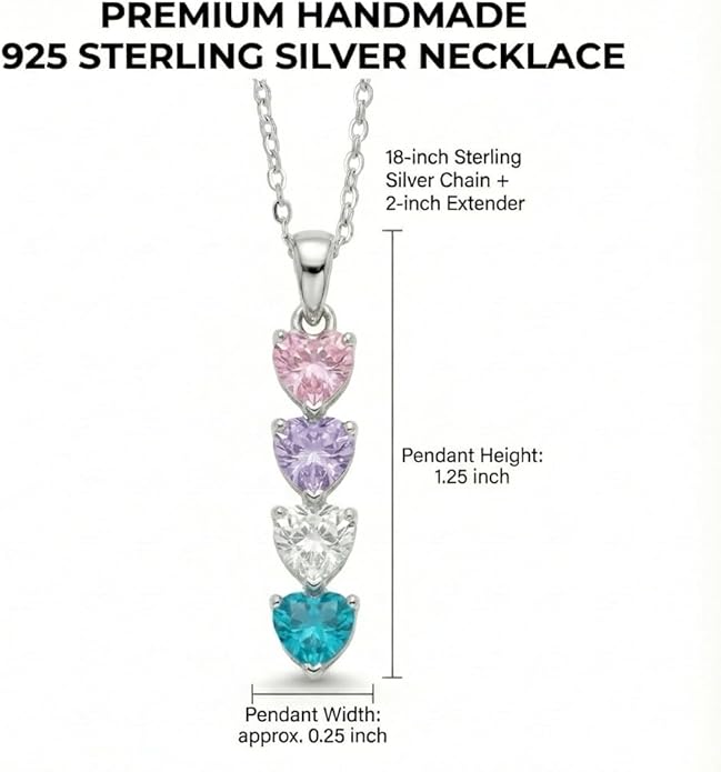 PaulaMax Jewelry Custom Birthstone Necklace for Women in 925 Sterling Silver, Mother's Day Necklace with 1 2 3 4 Heart Birthstones, Personalized and Customized Sterling Silver Chain 18" + 2"