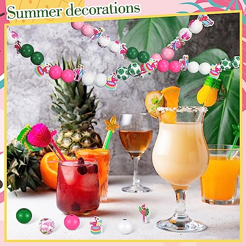 Tradder 200 Pcs Summer Flamingo Beach Beads Set Tropical Round Wood Charms with Swim Rings, Surfboards, Palm Leaves for DIY Jewelry, Pool Party Favors, Hawaiian Crafts & Home Decor - style: Flamingo