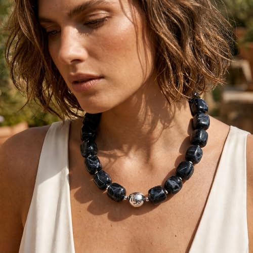 Mchic Colorful Beaded Choker Necklace for Women: Boho Large Square Acrylic Beaded Necklace Stainless Steel Adjustable Surfer Beach Strand Necklaces Summer Handmade Jewelry Gift for Women - color: Black-Silver