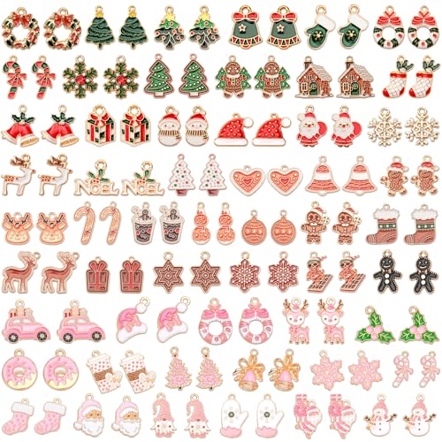 SANNIX 110Pcs/55 Pairs Christmas Charms, Holiday Enamel Charms Red Green Pink Gingerbread Xmas Pendants for DIY Bracelet Necklaces Earrings Craft Supplies - style: Assorted Christmas Charms