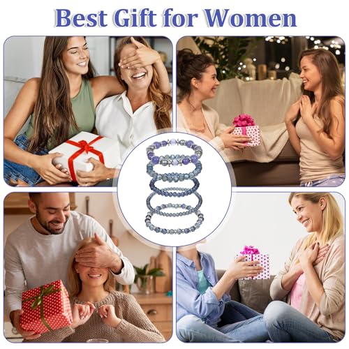 5Pcs Beaded Bracelets for Women, Bohemian Glass Faceted Crystal Beads Bracelet, Stackable Boho Disco Ball Stretch Bracelets, Multilayered Purple Jewelry Gift for Women, Mother's Day - color: Blue