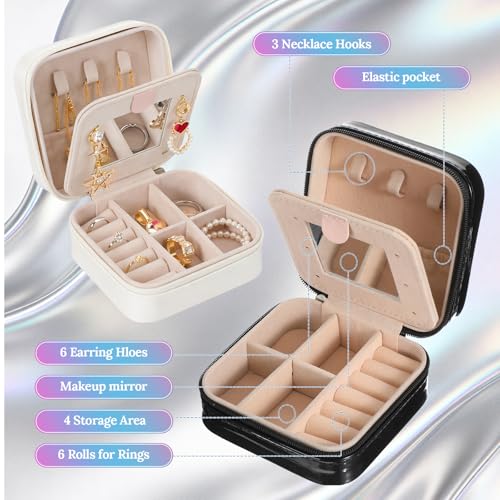 Nosiny 2 Pack Mother's Day Travel Jewelry Box with Mirror Small Laser Jewelry Case Organizer for Women Gift Rings Earrings(White and Black) - color: White and Black