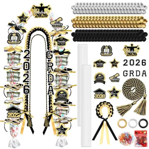 Graduation Candy Lei Making Kit Class of 2026 DIY Lei PE Bags Tubing Money Leis 2026 Graduation Ribbon Necklace Include 2 x 5 ft PE Bags 90 Pcs Flower Accessories for Grad Party Supplies (Gold, Black) - color: Gold, Black