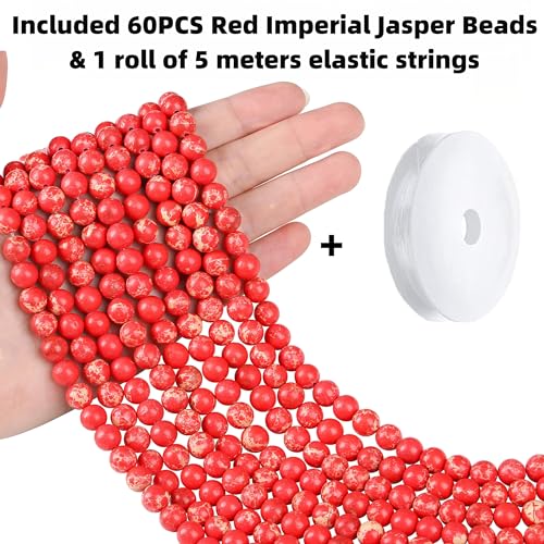 QINJIEJIE 60PCS Red Imperial Jasper Beads 8mm Stone Beads Round Loose Gemstone Bead for Bracelet Beading Crystal Jewelry Making DIY Necklace Earrings 0.32" - color: Red Imperial Jasper, size: 60PCS