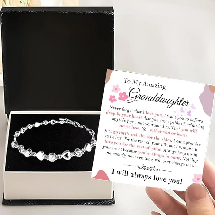 To My Granddaughter Bracelet from Grandma and Grandpa, Heart Chain Bracelet with Shiny Stones, Perfect Birthday or Graduation Christmas Gift for Granddaughter with Message Card and Gift Box