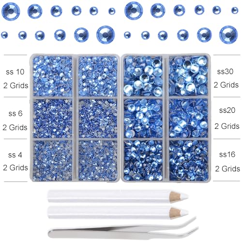 10000Pcs 2-Boxes Mixed Size Hot Fix Round Crystals Gems Glass Stones Hotfix Flat Back Rhinestones with Tweezers and Picking Pencil (Light Blue) - color: Light Blue, size: 2-Box (10000pcs)