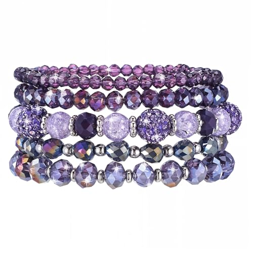 5Pcs Beaded Bracelets for Women, Bohemian Glass Faceted Crystal Beads Bracelet, Stackable Boho Disco Ball Stretch Bracelets, Multilayered Purple Jewelry Gift for Women, Mother's Day - color: Purple
