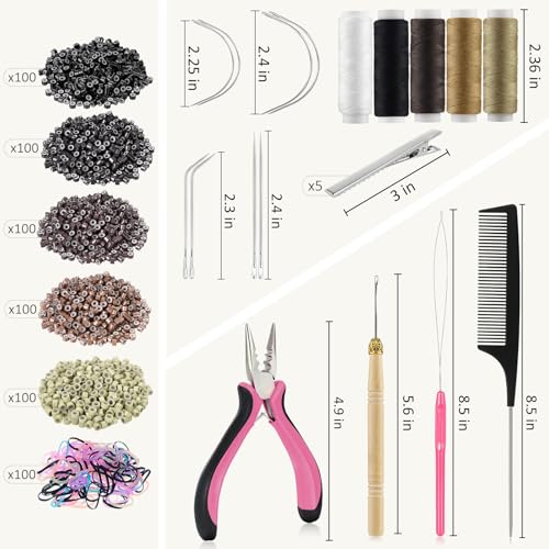 Hair Extension Tools Kit, 500 Silicone Lined Micro Rings, 1 Plier, 1 Threader, 1 Crochet Hook, 8 C/J/I Needles, 5 Clips, 1 Comb, 5 Sewing Threads,100 Mini Rubber Bands with Storage Case - color: Pink