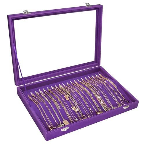 Siveit Necklace Organizer Box Premium 20 Hooks Velvet Necklace Display Jewelry Tray with Transparent Lid Jewelry Necklace Display Box for Necklace Pendants Suitable for Women and Girls (Purple) - color: Purple
