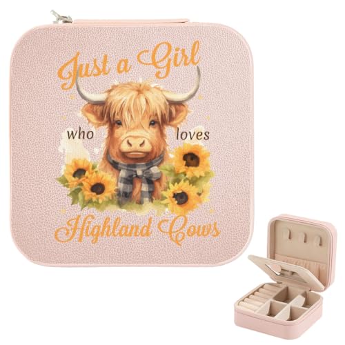 Highland Cow Gifts Pink Jewelry Travel Case Cow Lovers Gifts for Kids Teens Girls PU Leather Jewelry Box Ring Earring Holder Organizer Storage for Women Birthday Christmas Graduation Gift - color: Just A Girl Who Loves Highland Cows