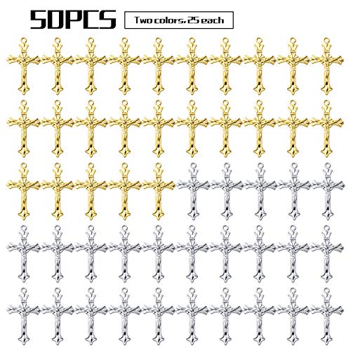 BronaGrand 50pcs Alloy Cross Charms Pendants Jewelry Rosary Cross Charms for DIY Bracelet Necklace Jewelry Making Findings,37×22mm - color: Gold/Antique Silver