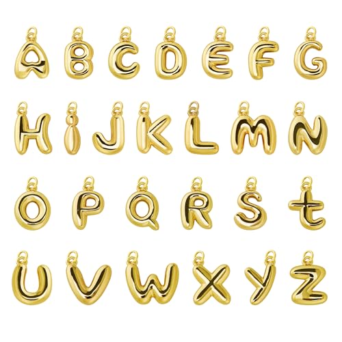 26Pcs 18K Gold Filled A-Z Alphabet Letters Charms for Jewelry Making, Chunky Gold Initial Letter Charm Pendant Beads, Trendy Bubble Slide Glitter Pendants for Women Bracelet Necklace Choker Making