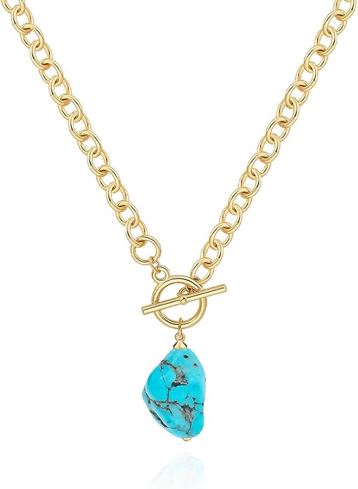Zeffy 14K Gold/Silver Plated Chunky Thick Chain Toggle Clasp Necklace Dainty Baroque Pearl/Heart/Cross/Turquoise Pendant Necklace