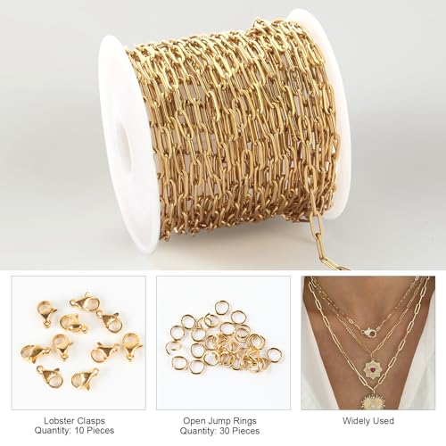 Kyutong 5M Gold PVD Plated Necklace Chain for Jewelry Making 304 Stainless Steel Paperclip Chain Roll with Lobster Clasps and Jump Rings for Men Women Making Jewelry Craft Support Jewelry Findings - color: 3mm Paperclip Gold