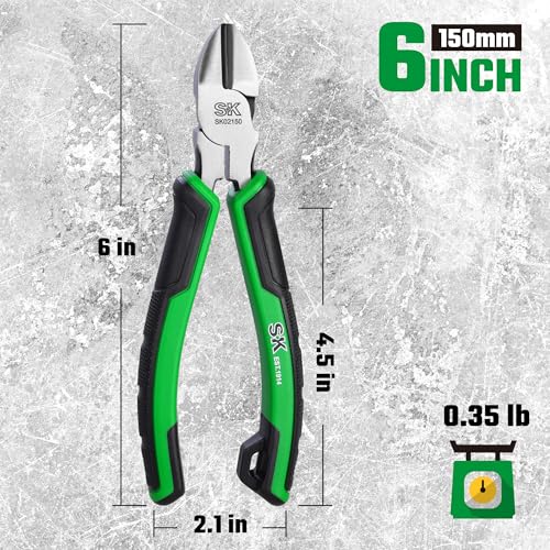 SK 6-Inch Diagonal Pliers, High Leverage Side Cutters, High Carbon Steel, Ergonomic Anti-slip Handle for Comfortable Grip - style: 6-Inch Diagonal Pliers
