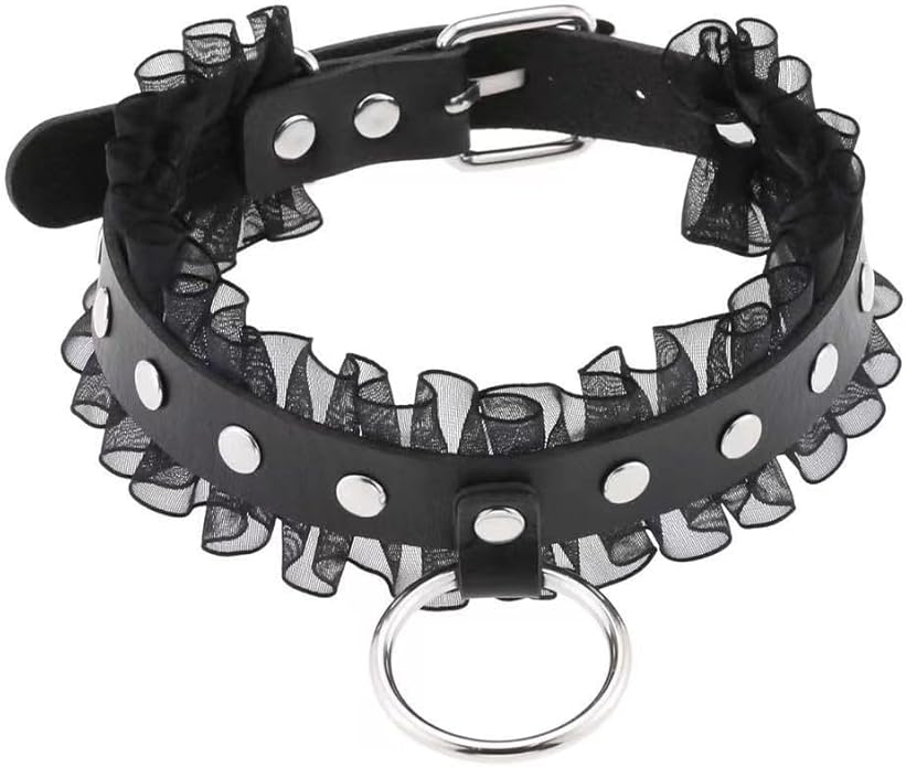 Gothic Heart Pendant Choker Necklace with Chain, Black Leather Collar, Silver Metal Hardware