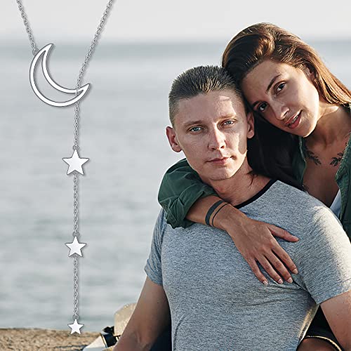 Long Necklace Sterling Silver Larait Bar Y Lariat Long Chain Drop Adjustable Necklace Gift for Her, 30" - style: Long Moon Star Necklace