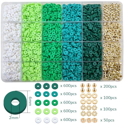 MIIIM Green Clay Beads Kit for Bracelets Making, Heishi Beads for Friendship Bracelet, Clay Charms and Gold Spacers for Jewelry Making, Crafts, Concert, Raves, Gifts - color: Green