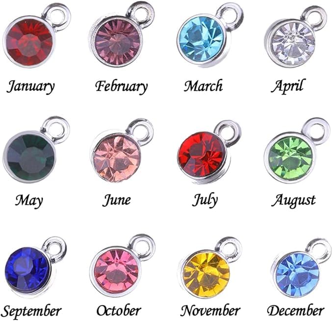BetterJonny 120 Pieces Crystal Birthstone Charms Beads, 12 Colors Round Crystal Charm with Rings Handmade Jewelry Pendants for Jewelry Necklace Bracelet Earring Making - color: （#B）Silver Round