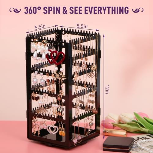 360° Rotating Jewelry Organizer Stand with 5 Layers,Acrylic Earring Holder Organizer Stand,212 Holes and 212 Grooves for Studs,Dangly Earrings,Chains,Bracelets,Necklace - color: 5-Tier,Black